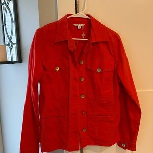 CAbi Vintage Taylor Ruffle Back Jacket In Lobster Red
